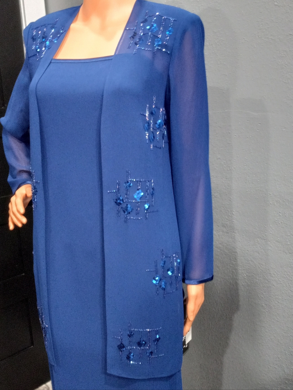 Elegant Blue Beaded Women's Dress with Jacket - Picture 5 of 16
